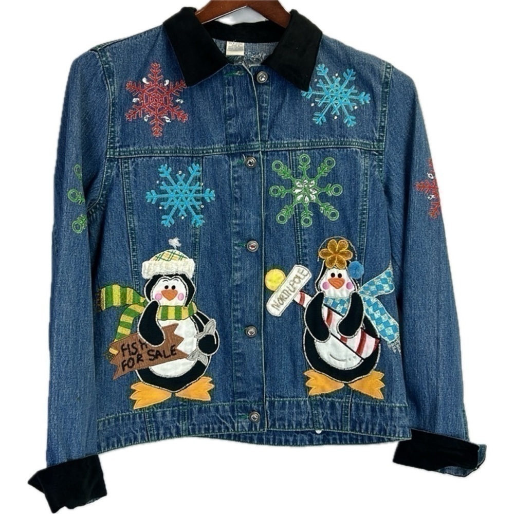 Bleu Bayou Women’s Winter Holiday Snowflake Snowman Jean Jacket Rhinesto…